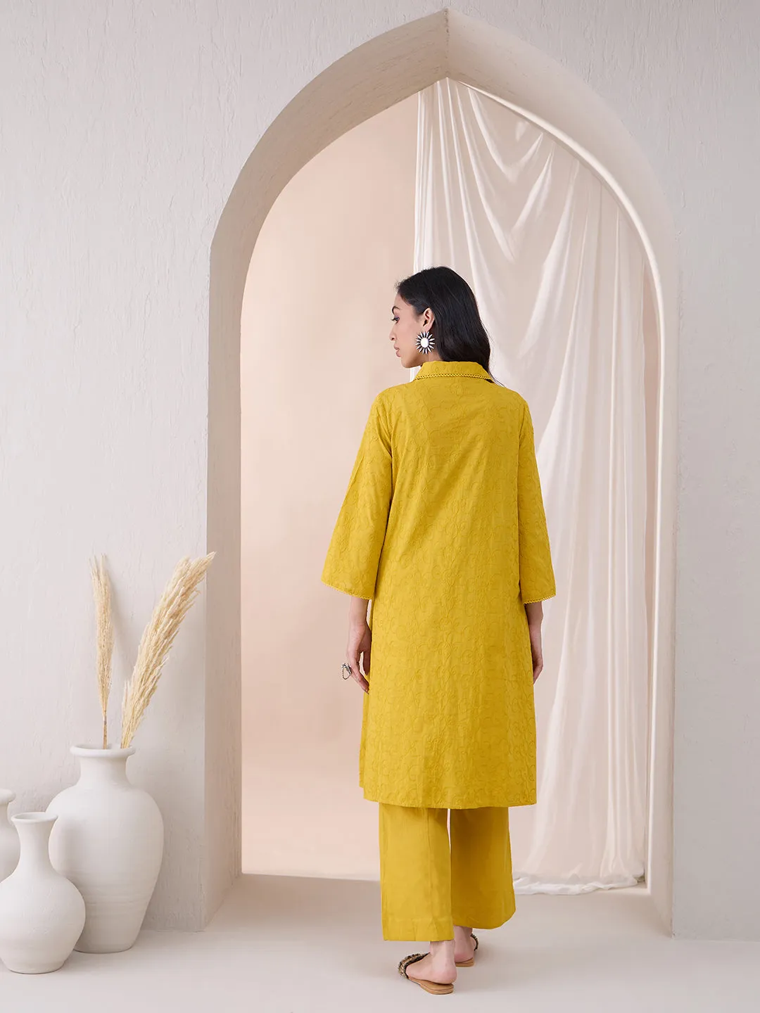 Mustard Cotton Embroidered Tassel Detail Tunic With Straight Pant