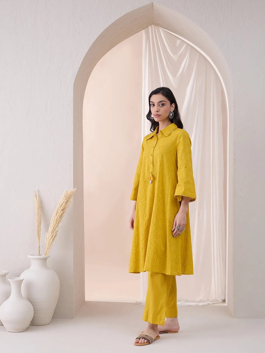 Mustard Cotton Embroidered Tassel Detail Tunic With Straight Pant