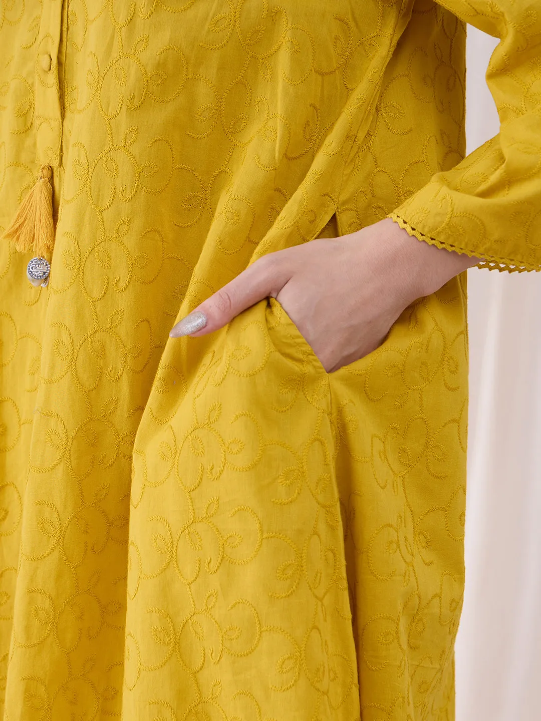 Mustard Cotton Embroidered Tassel Detail Tunic With Straight Pant