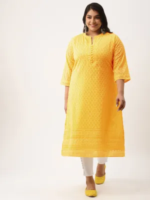 Mustard Georgette Mandarin Collar 3/4th Sleeves Chikankari Embroidery Ethnic Wear Kurta for Women - Zola