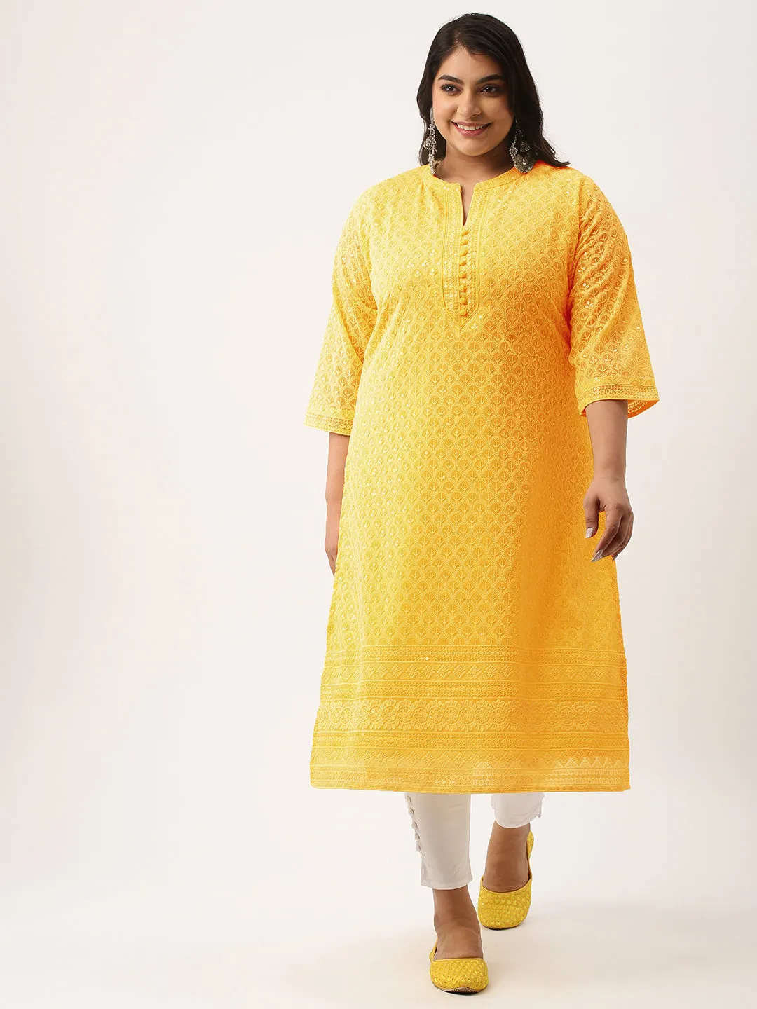 Mustard Georgette Mandarin Collar 3/4th Sleeves Chikankari Embroidery Ethnic Wear Kurta for Women - Zola