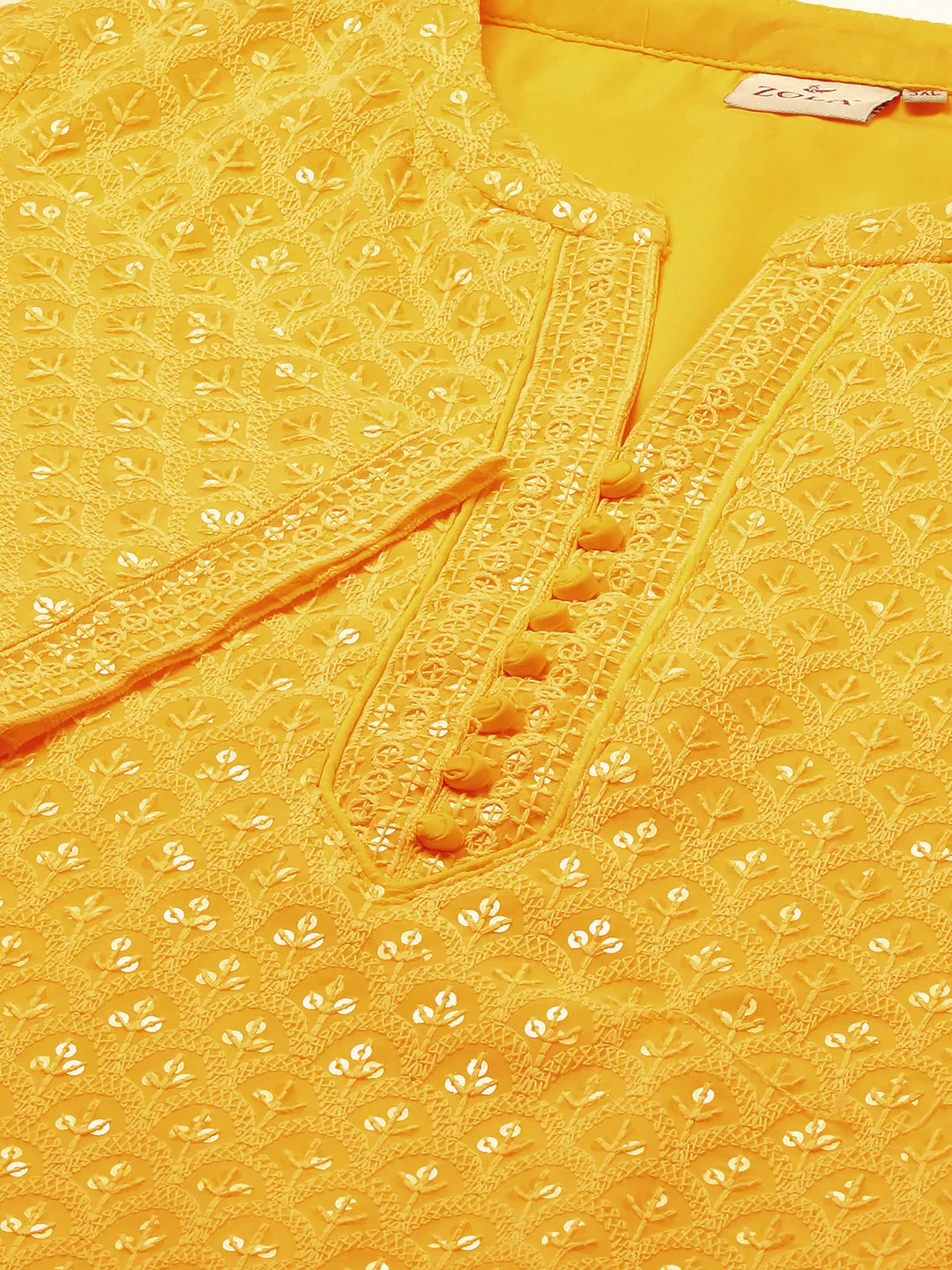 Mustard Georgette Mandarin Collar 3/4th Sleeves Chikankari Embroidery Ethnic Wear Kurta for Women - Zola