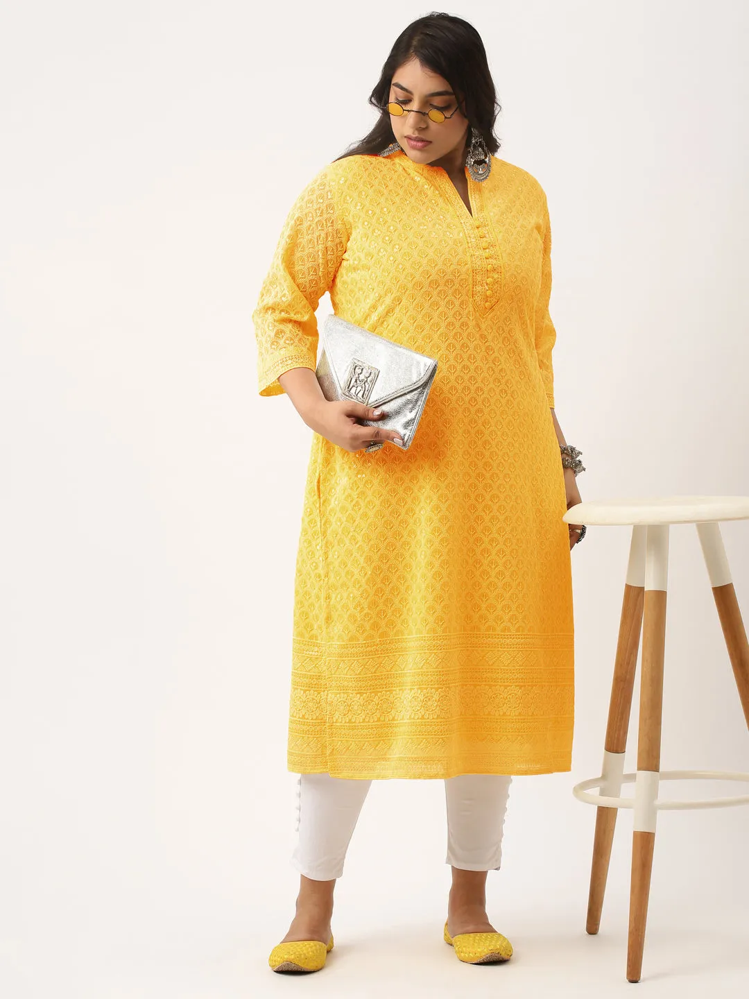 Mustard Georgette Mandarin Collar 3/4th Sleeves Chikankari Embroidery Ethnic Wear Kurta for Women - Zola
