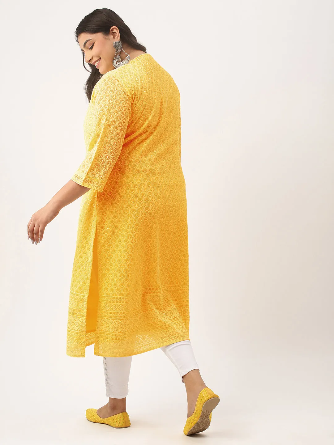 Mustard Georgette Mandarin Collar 3/4th Sleeves Chikankari Embroidery Ethnic Wear Kurta for Women - Zola