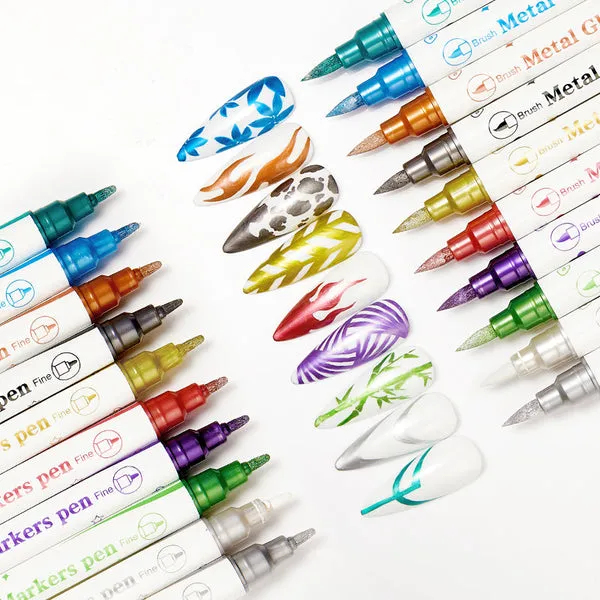 Nail Art Double-headed Graffiti Brush Pens Set – METALLIC Glitter (10pc)