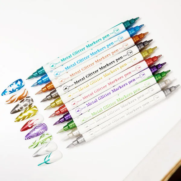 Nail Art Double-headed Graffiti Brush Pens Set – METALLIC Glitter (10pc)