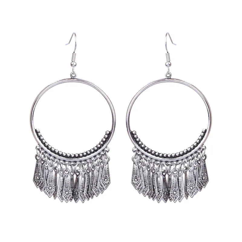 National retro silver Bohemian turquoise tassel earrings