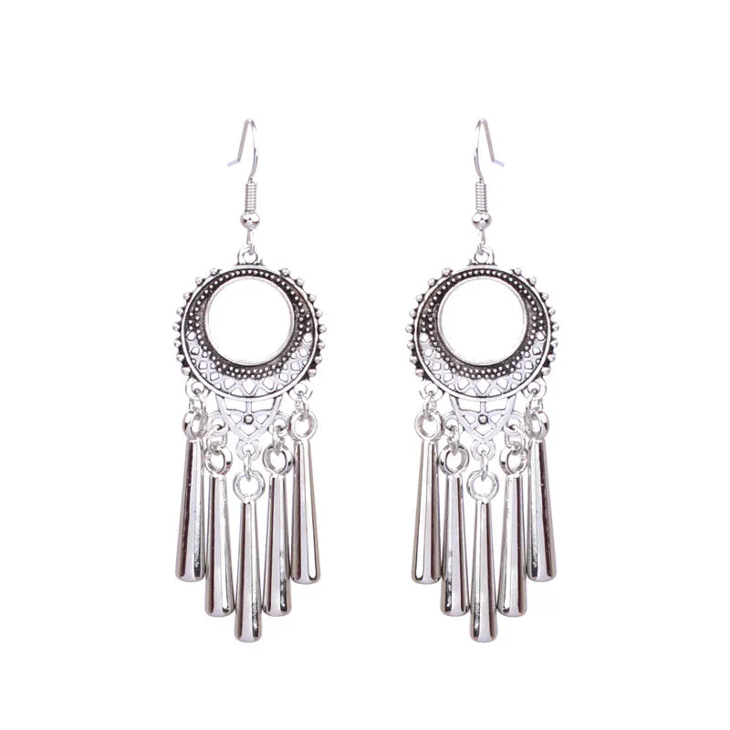National retro silver Bohemian turquoise tassel earrings