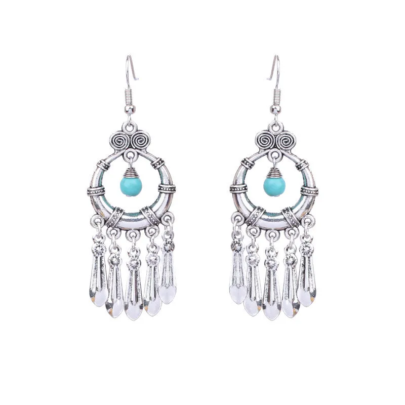 National retro silver Bohemian turquoise tassel earrings