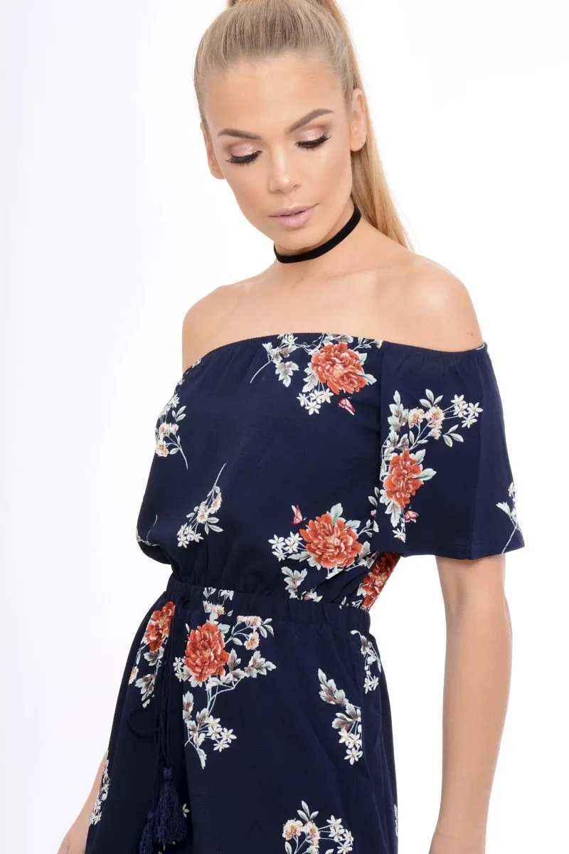 Navy Bardot Floral Tassel Playsuit - Keren