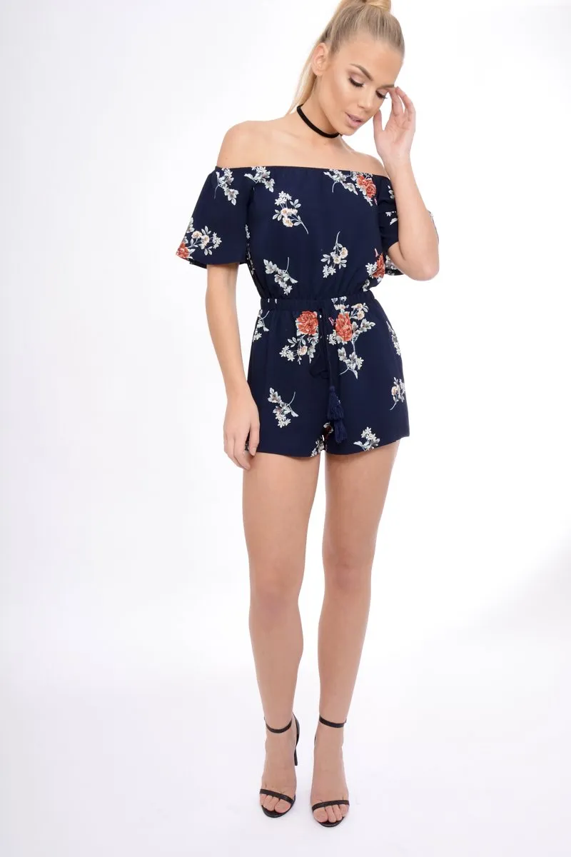 Navy Bardot Floral Tassel Playsuit - Keren