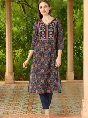Navy Blue Ethnic Motifs Printed Cotton Kurta with Neck Embroidery