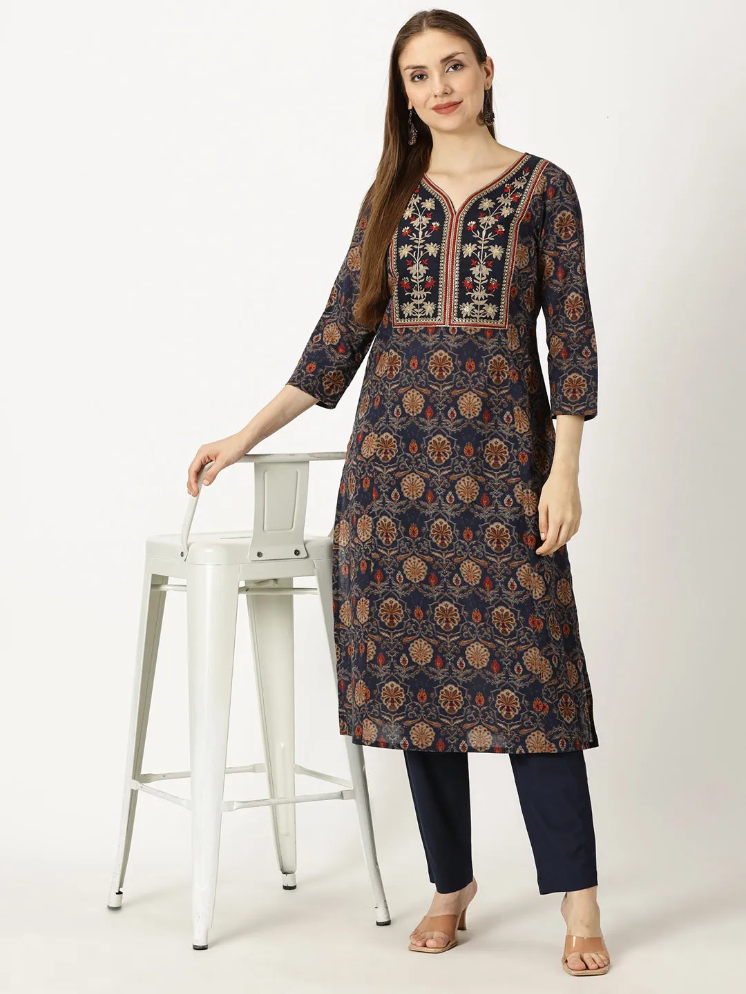 Navy Blue Ethnic Motifs Printed Cotton Kurta with Neck Embroidery