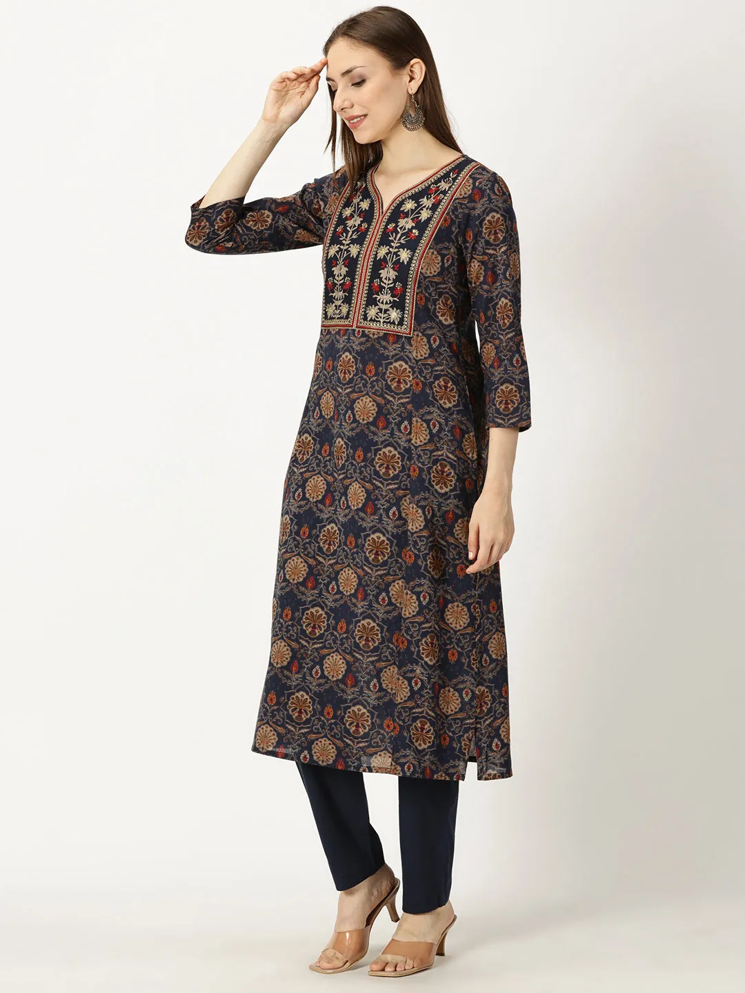 Navy Blue Ethnic Motifs Printed Cotton Kurta with Neck Embroidery