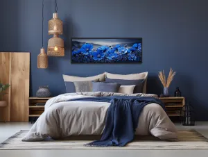 Navy Blue Flowers On Black Background Horizontal Framed Canvas Wall Art