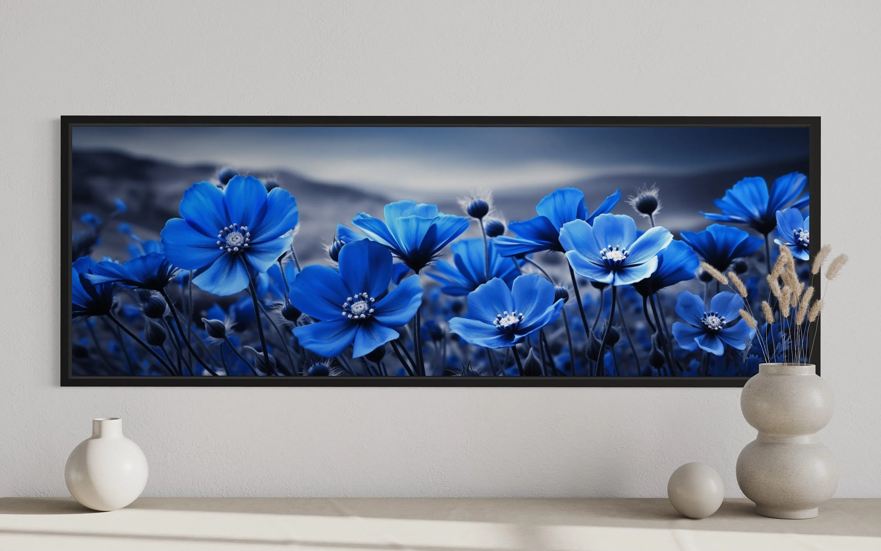 Navy Blue Flowers On Black Background Horizontal Framed Canvas Wall Art