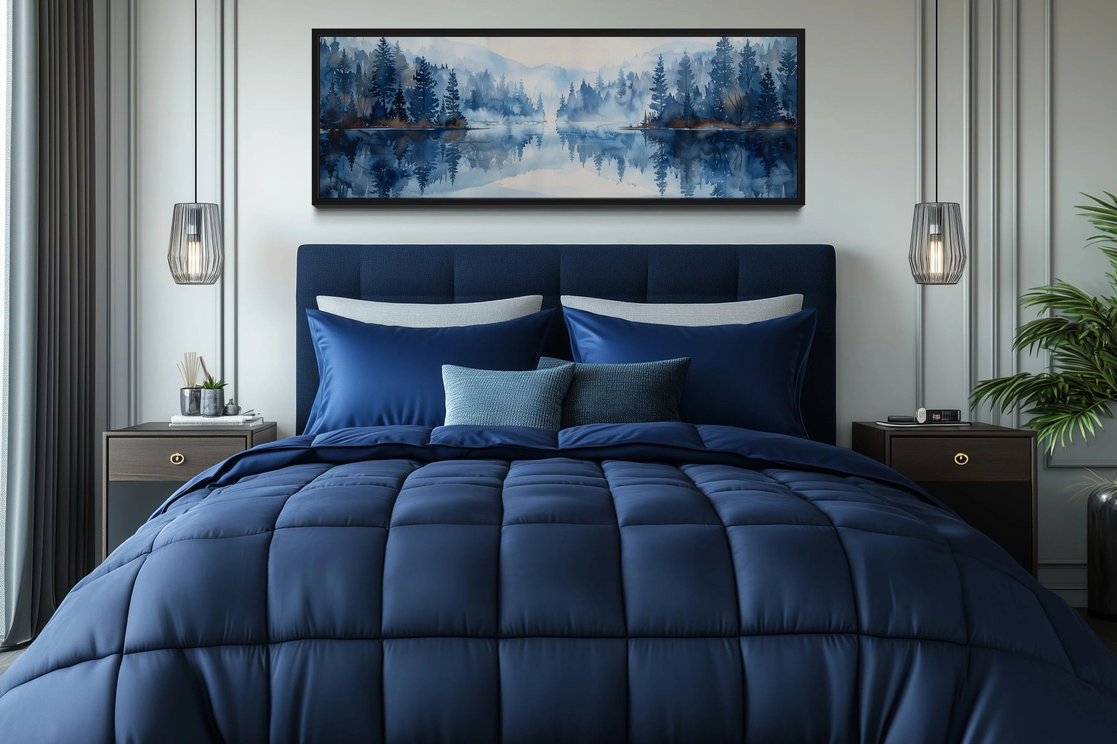 Navy Blue Lake Long Narrow Horizontal Landscape Above Bed Wall Decor