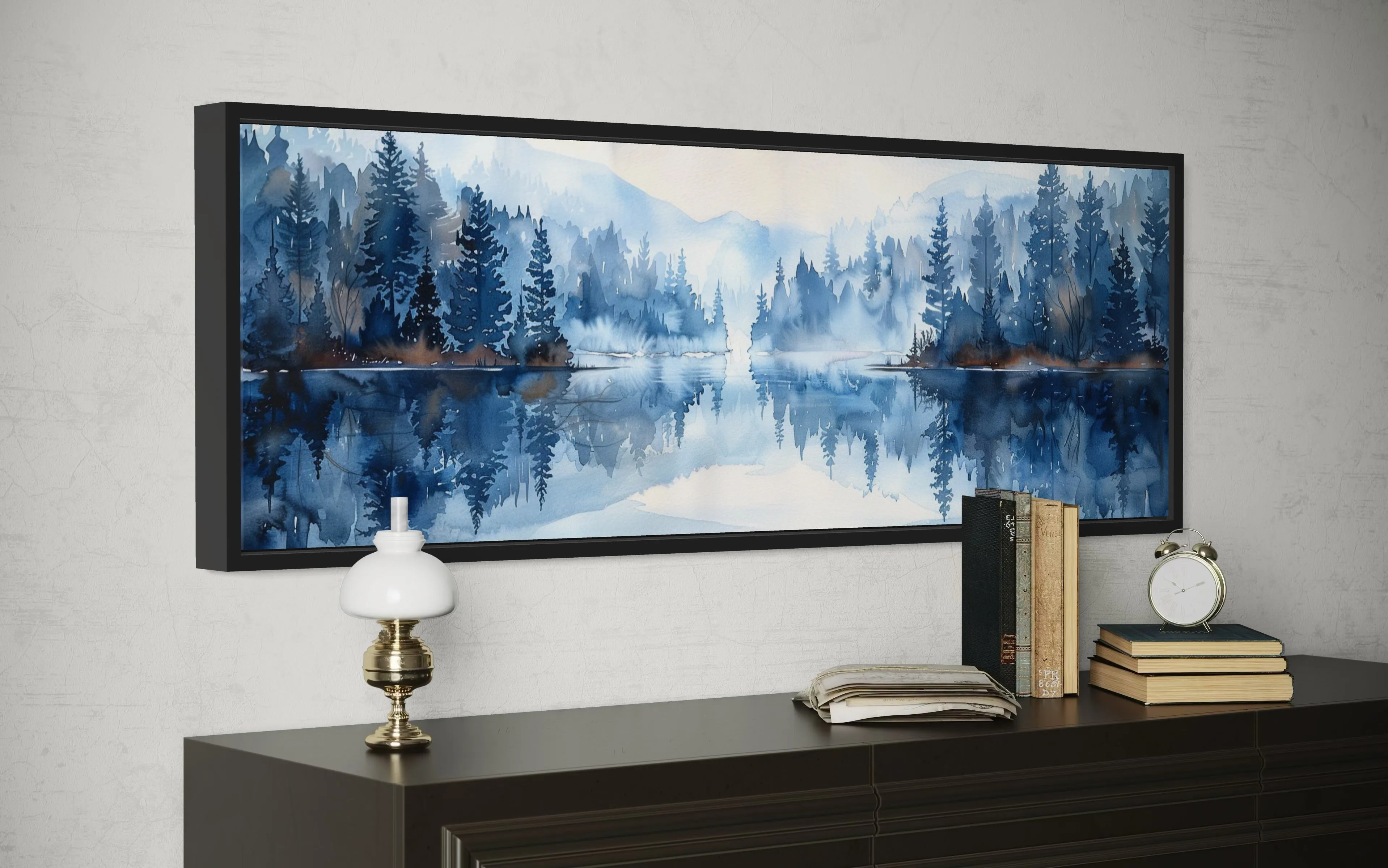 Navy Blue Lake Long Narrow Horizontal Landscape Above Bed Wall Decor