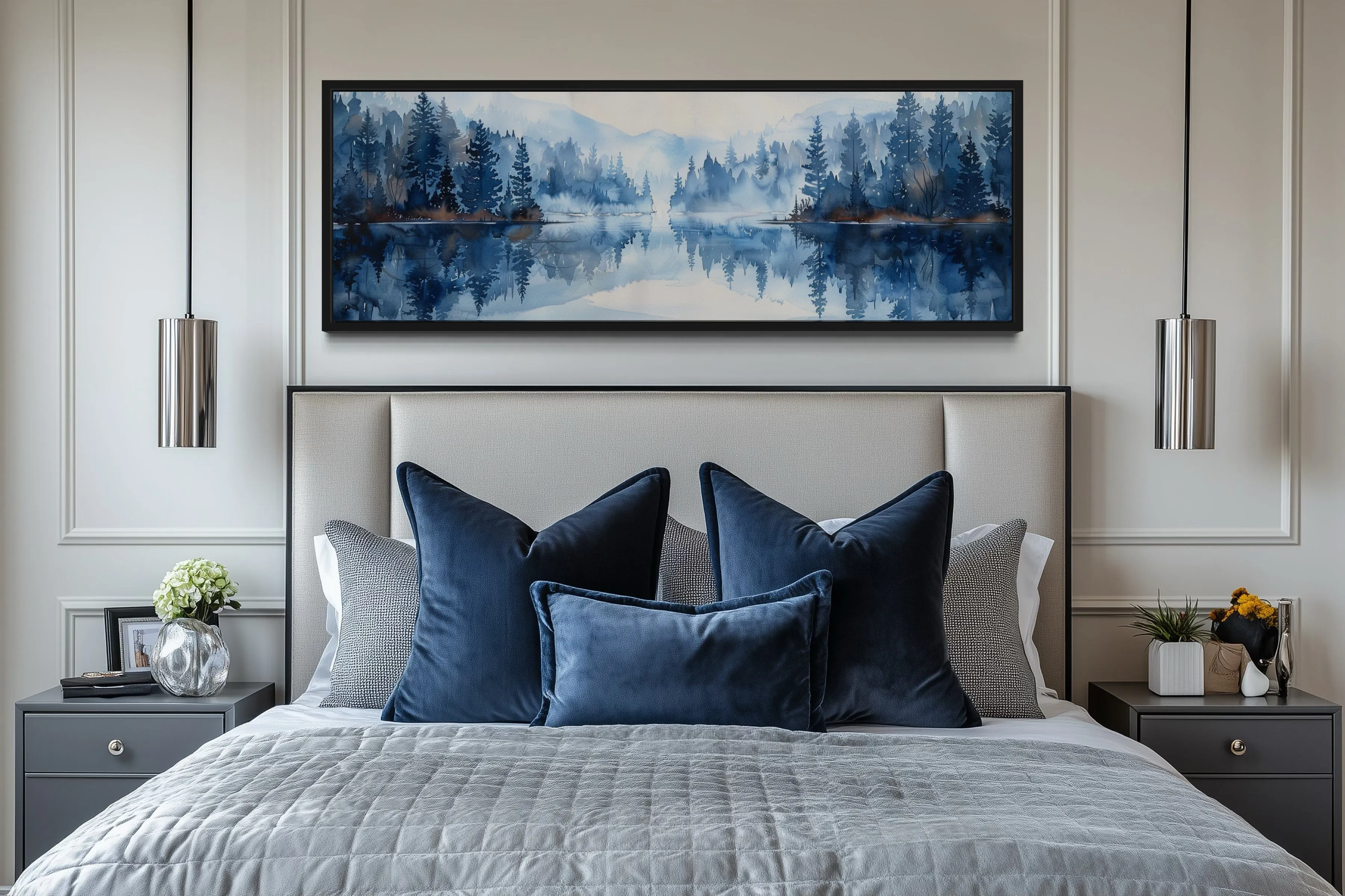 Navy Blue Lake Long Narrow Horizontal Landscape Above Bed Wall Decor