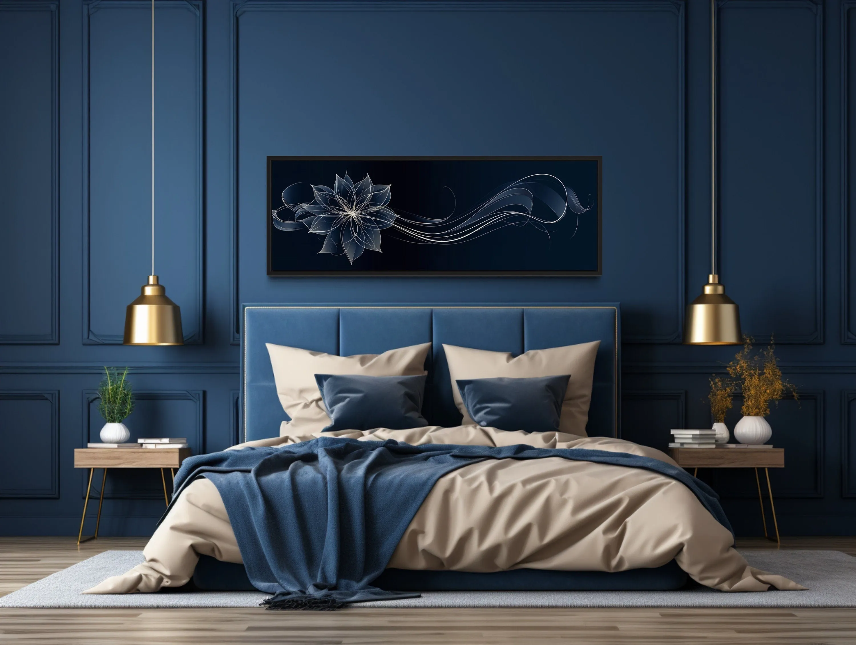 Navy Blue Over Above Bed Minimalist Flower Line Art Canvas Wall Art