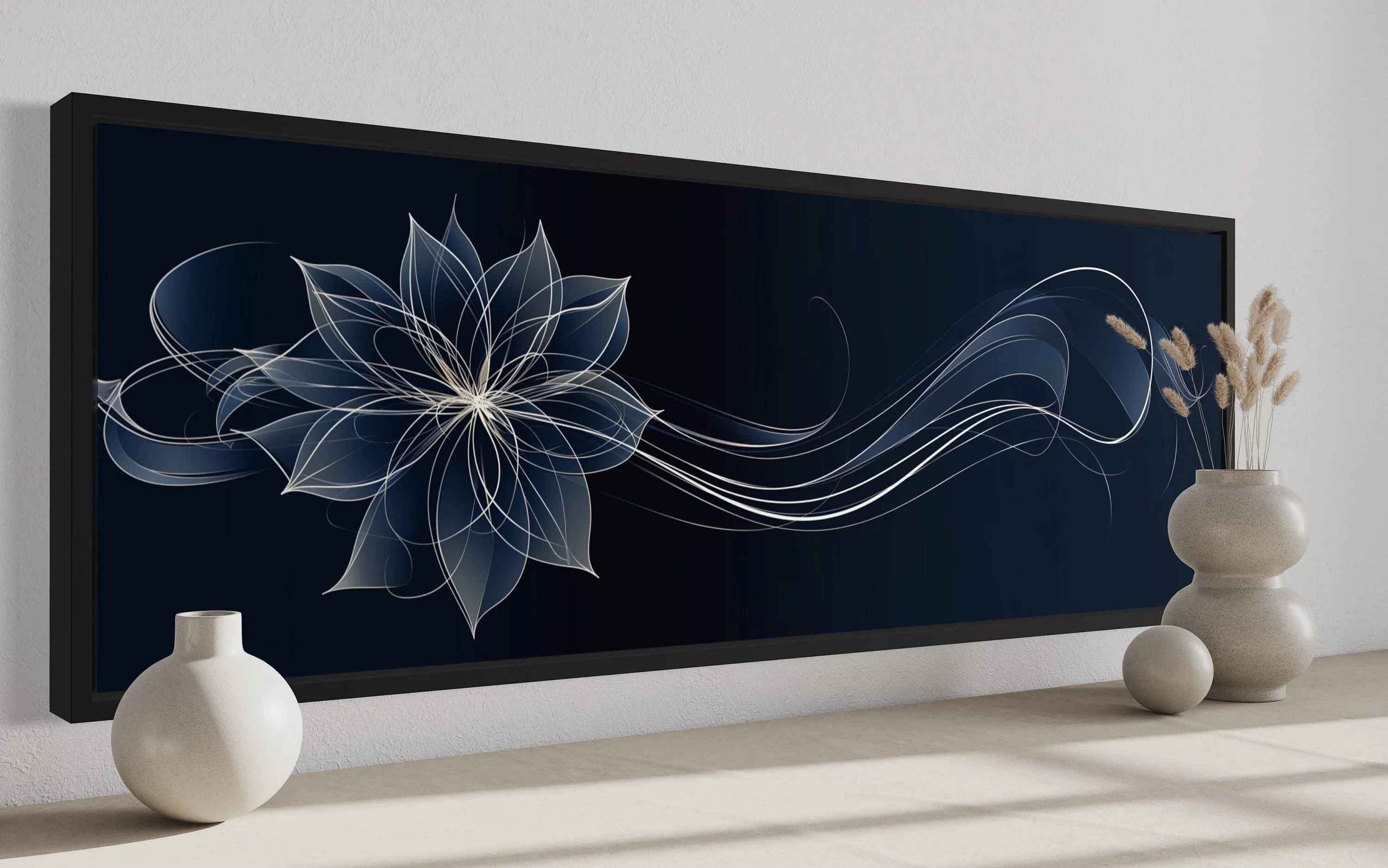 Navy Blue Over Above Bed Minimalist Flower Line Art Canvas Wall Art