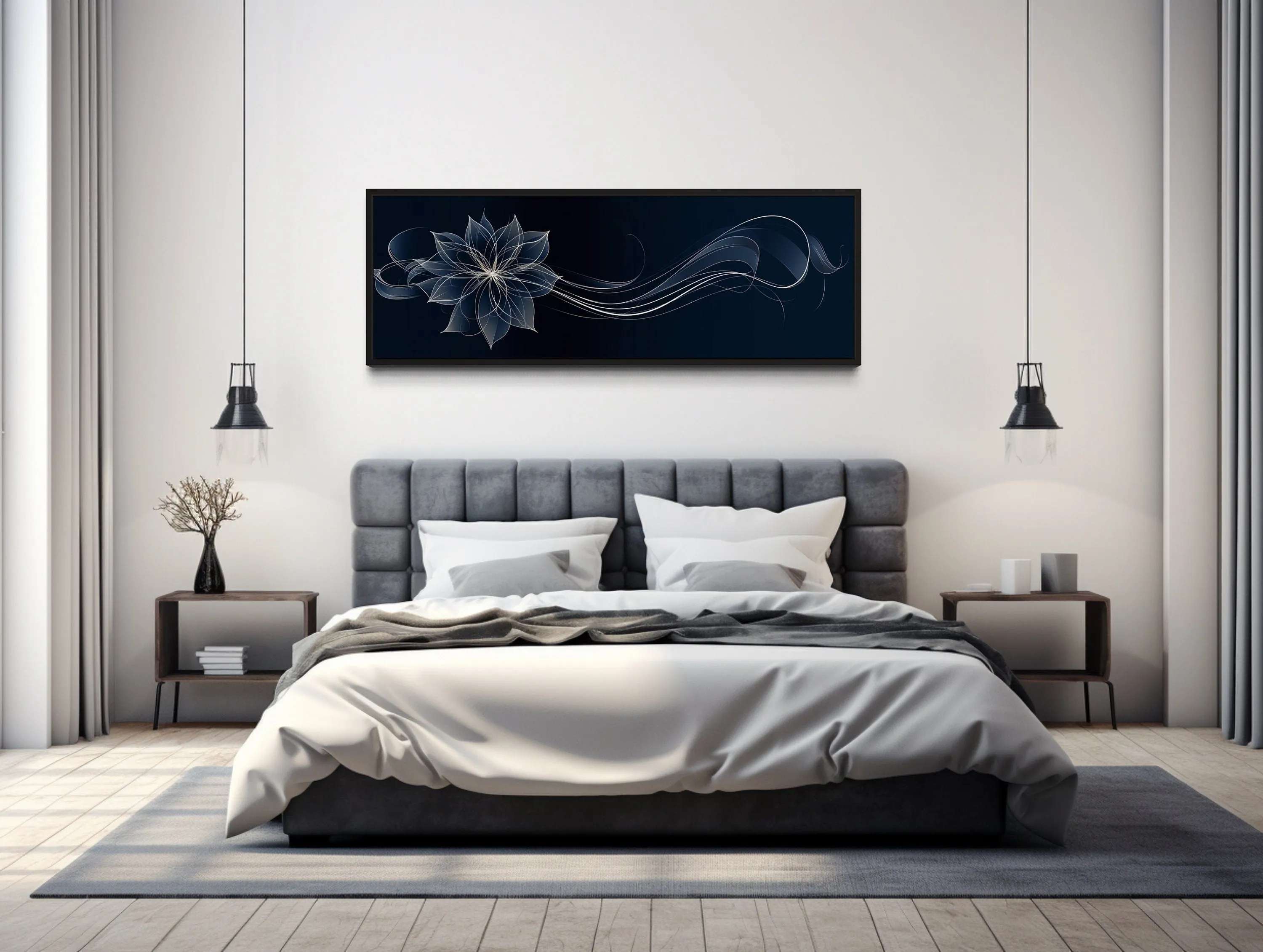 Navy Blue Over Above Bed Minimalist Flower Line Art Canvas Wall Art