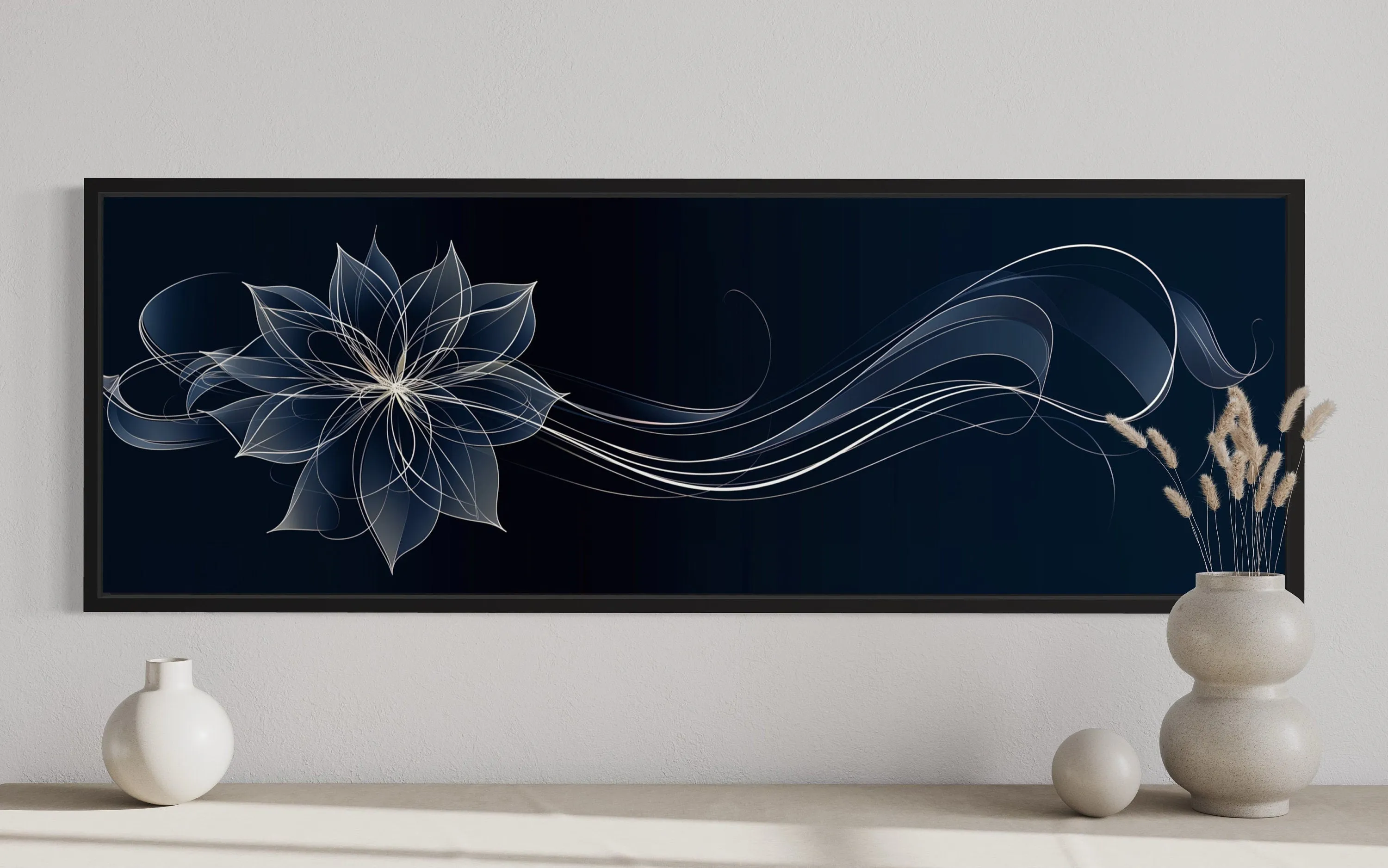 Navy Blue Over Above Bed Minimalist Flower Line Art Canvas Wall Art