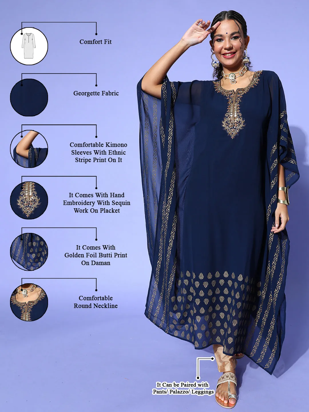 Navy Blue Round Neck Kimono Sleeve hand embroidery Ethnic Wear Kaftan for Women - ZOLA