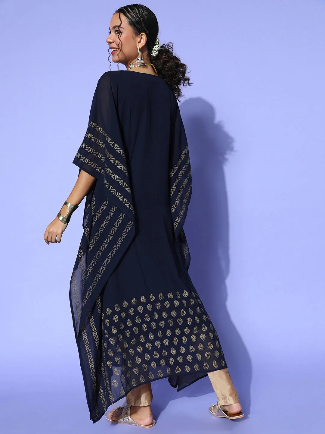 Navy Blue Round Neck Kimono Sleeve hand embroidery Ethnic Wear Kaftan for Women - ZOLA