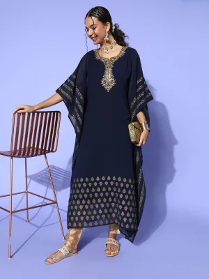 Navy Blue Round Neck Kimono Sleeve hand embroidery Ethnic Wear Kaftan for Women - ZOLA