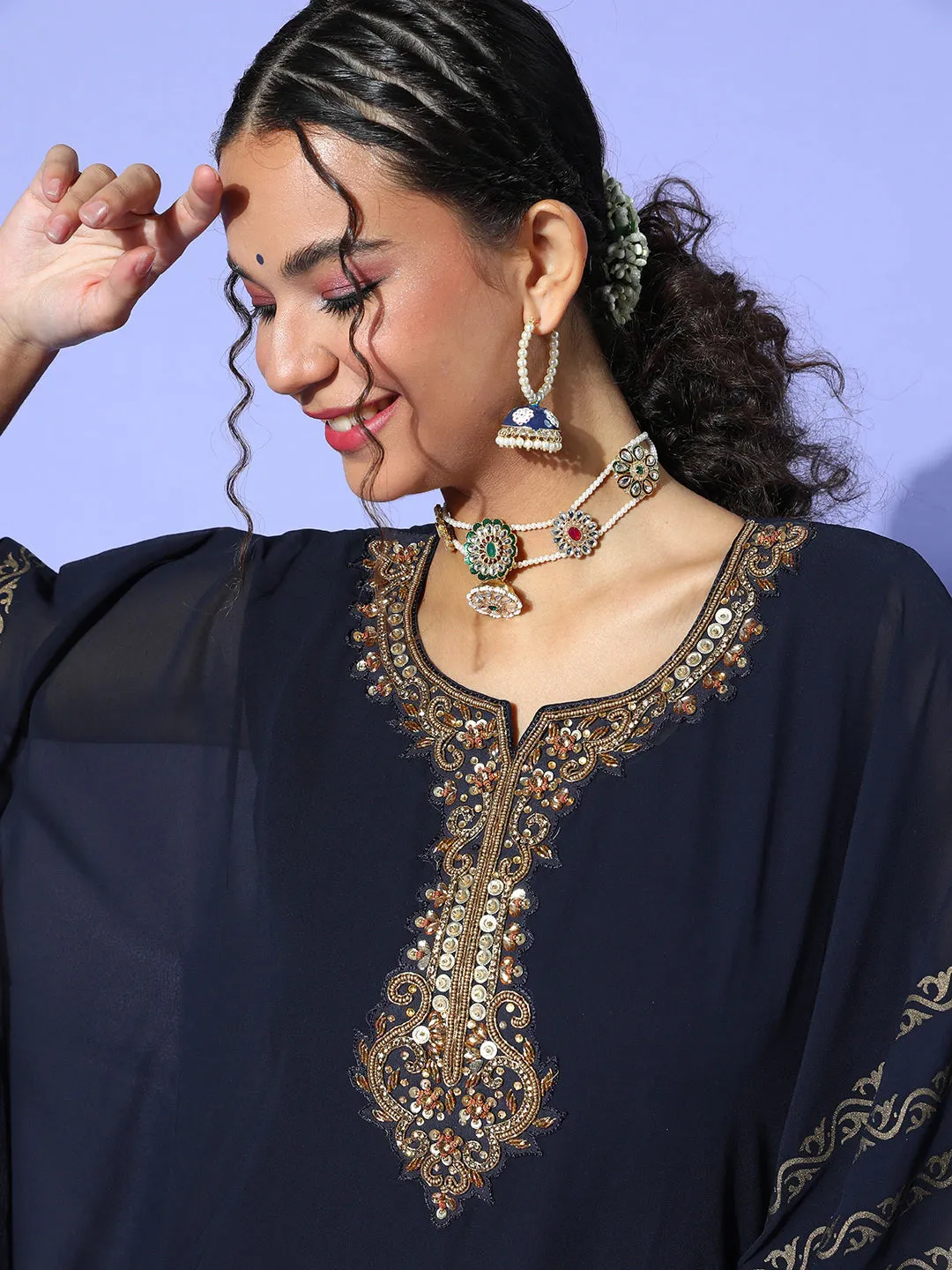 Navy Blue Round Neck Kimono Sleeve hand embroidery Ethnic Wear Kaftan for Women - ZOLA
