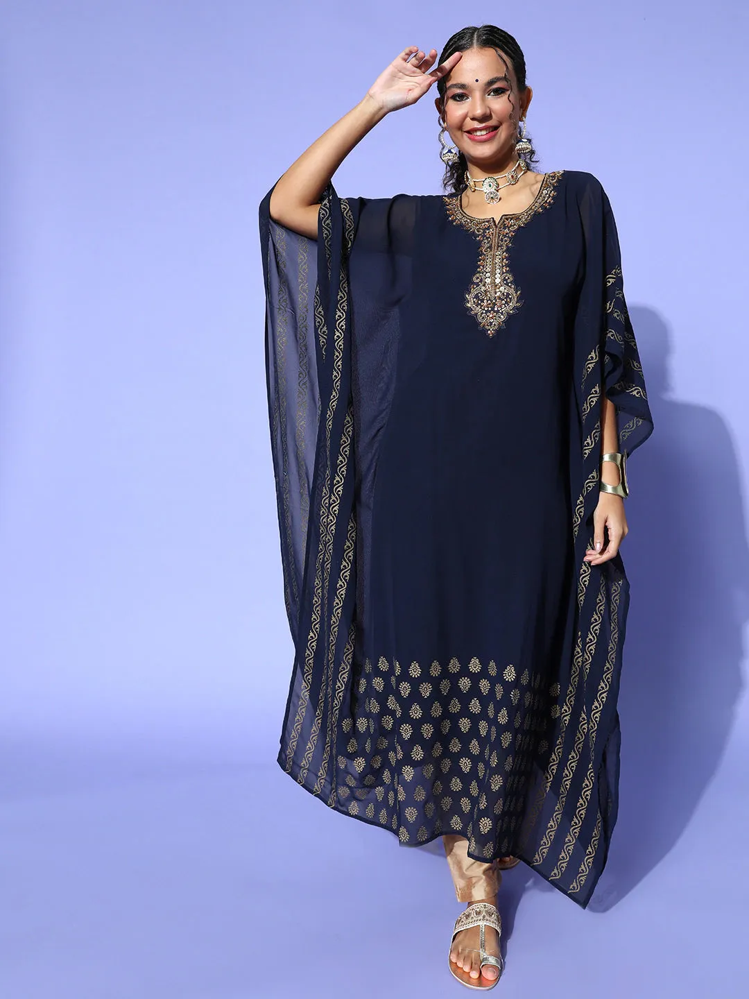 Navy Blue Round Neck Kimono Sleeve hand embroidery Ethnic Wear Kaftan for Women - ZOLA
