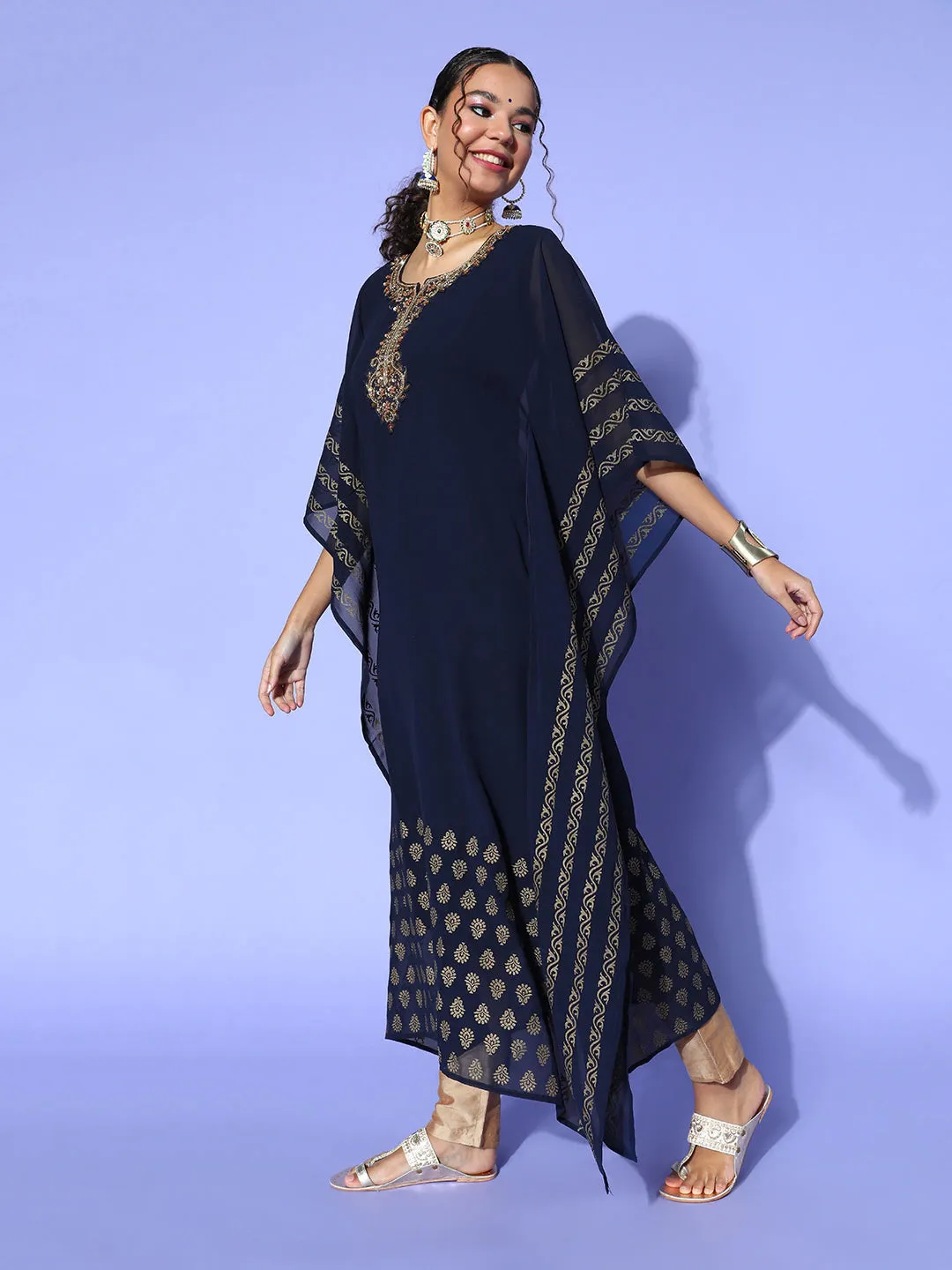 Navy Blue Round Neck Kimono Sleeve hand embroidery Ethnic Wear Kaftan for Women - ZOLA