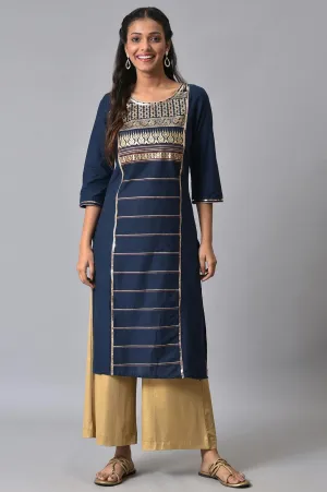 Navy Blue Straight Geometric kurta in Round Neck