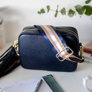 Navy Leather Tassel Cross Body Bag