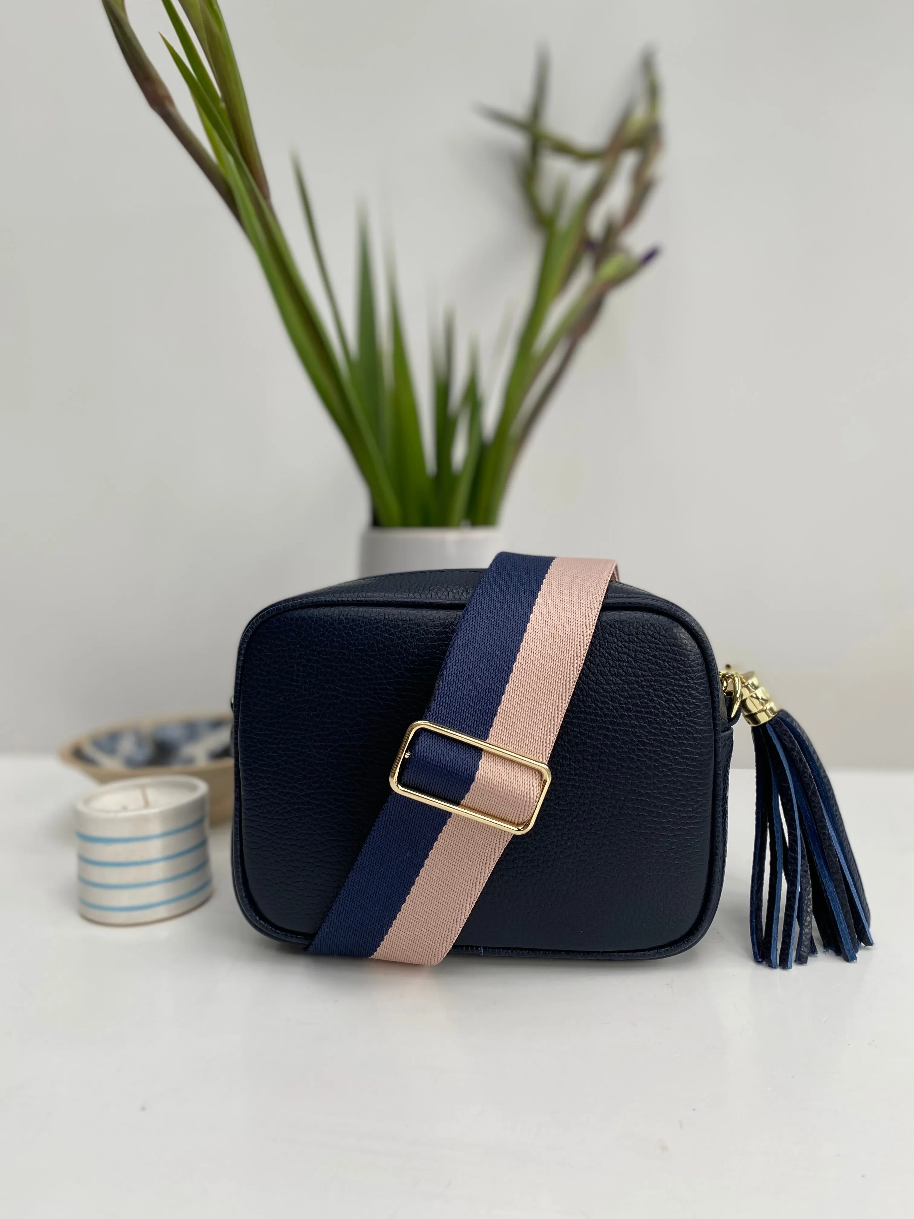 Navy Leather Tassel Cross Body Bag