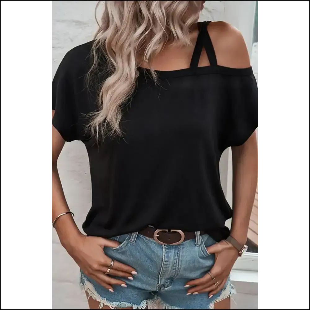 Needful Things: Black Asymmetric Criss Cross Cold Shoulder Tee - so Hot  🔥