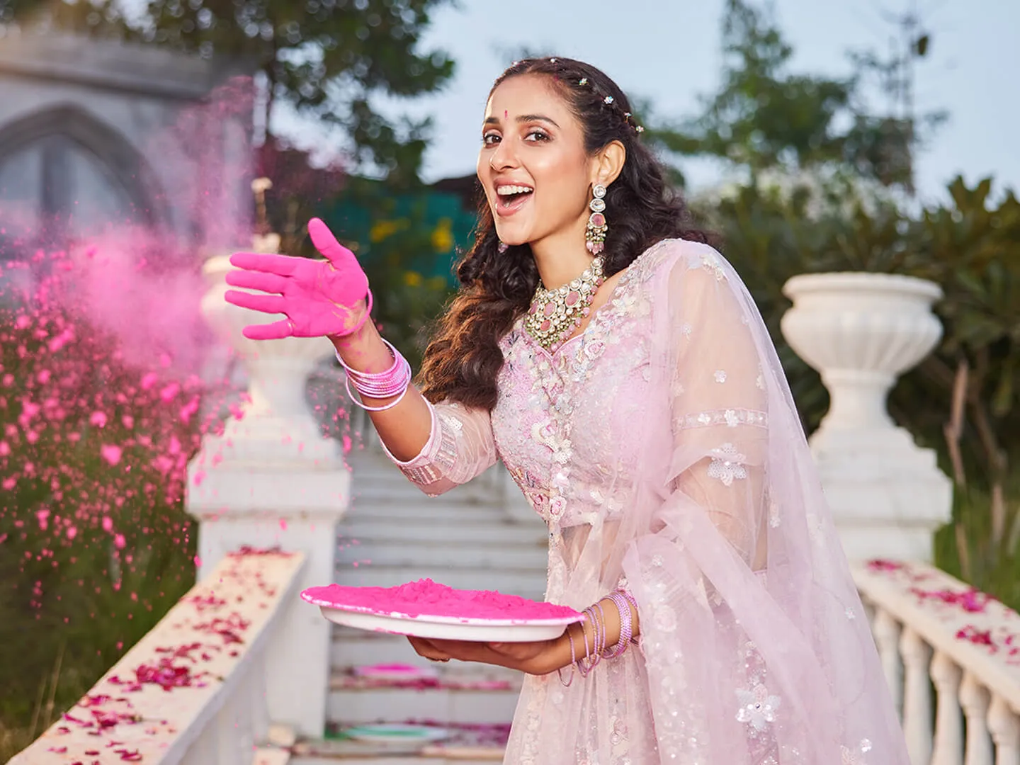 Net with Sequins & Zarkan Embroidery Lehenga, Choli & Dupatta