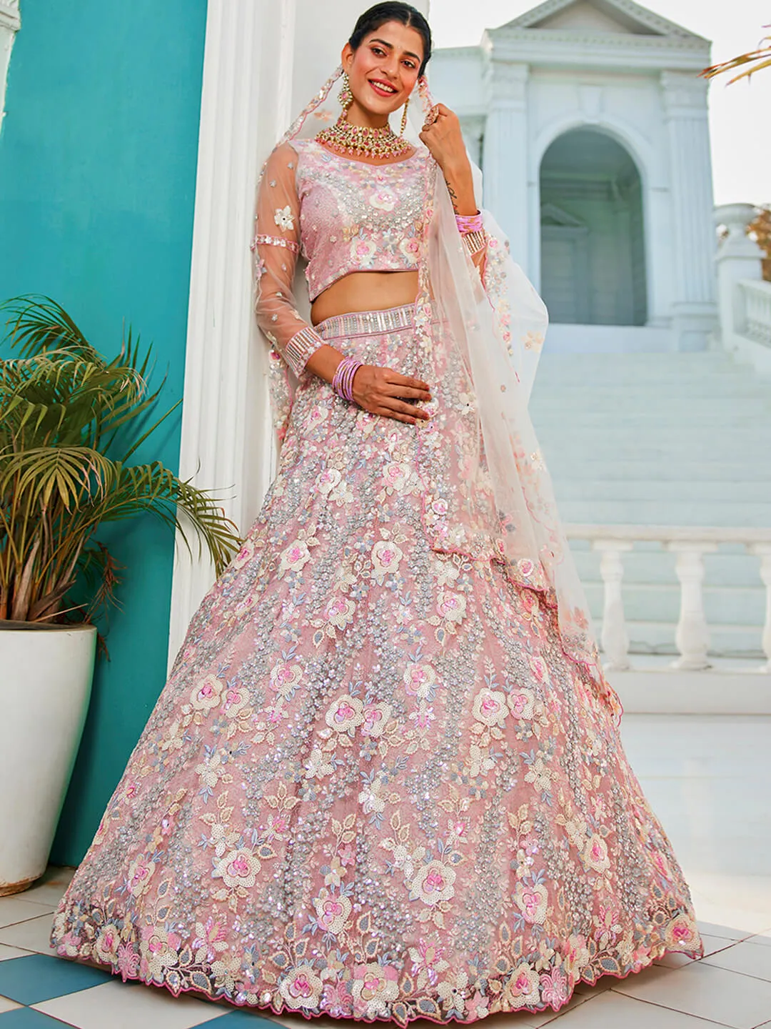 Net with Sequins & Zarkan Embroidery Lehenga, Choli & Dupatta