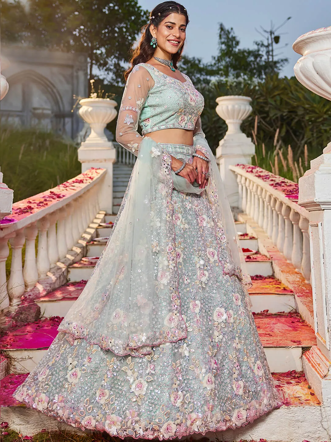 Net with Sequins & Zarkan Embroidery Lehenga, Choli & Dupatta
