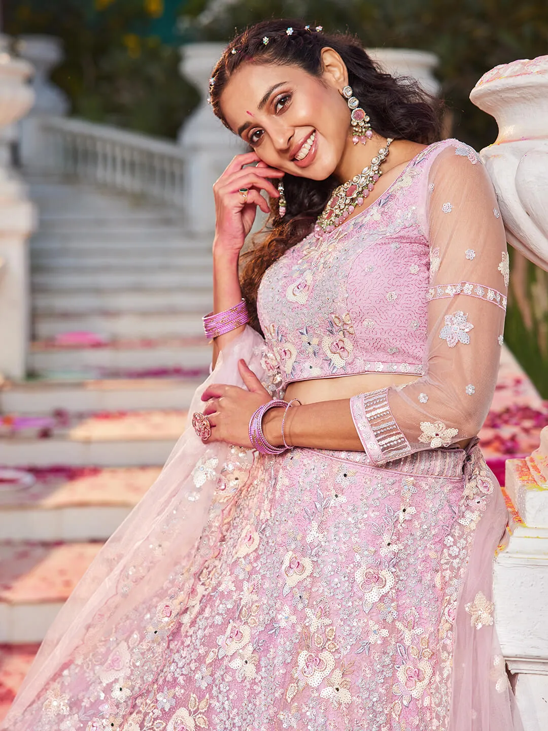 Net with Sequins & Zarkan Embroidery Lehenga, Choli & Dupatta