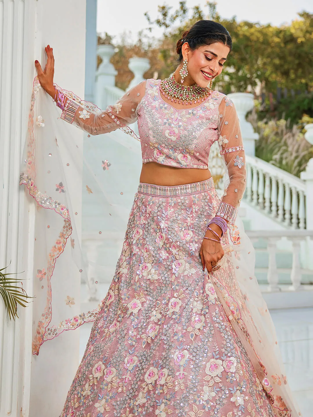 Net with Sequins & Zarkan Embroidery Lehenga, Choli & Dupatta