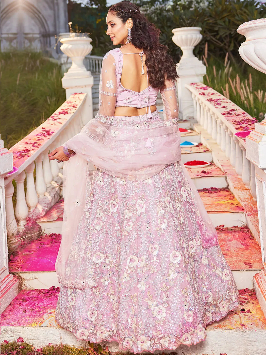 Net with Sequins & Zarkan Embroidery Lehenga, Choli & Dupatta