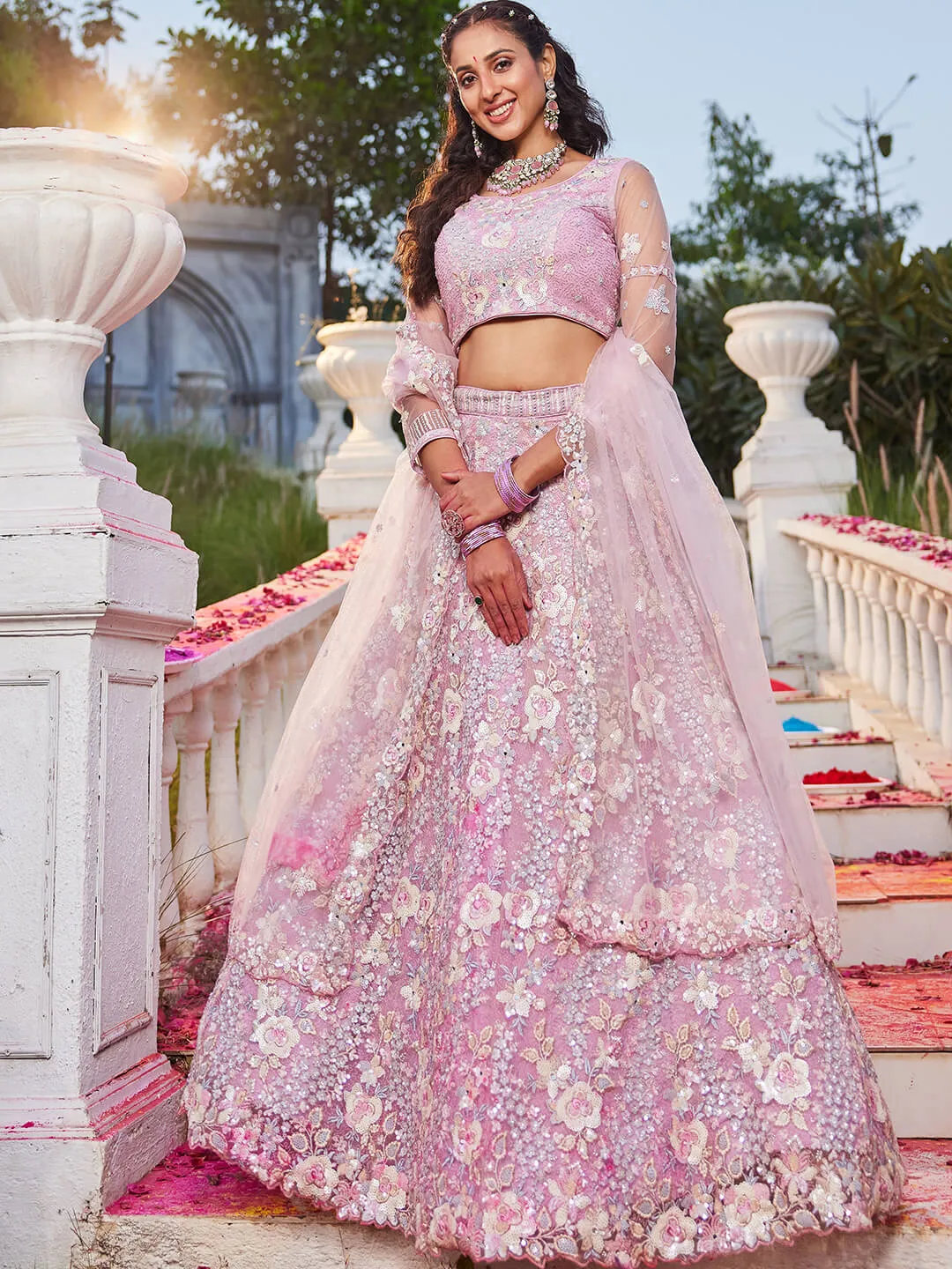 Net with Sequins & Zarkan Embroidery Lehenga, Choli & Dupatta