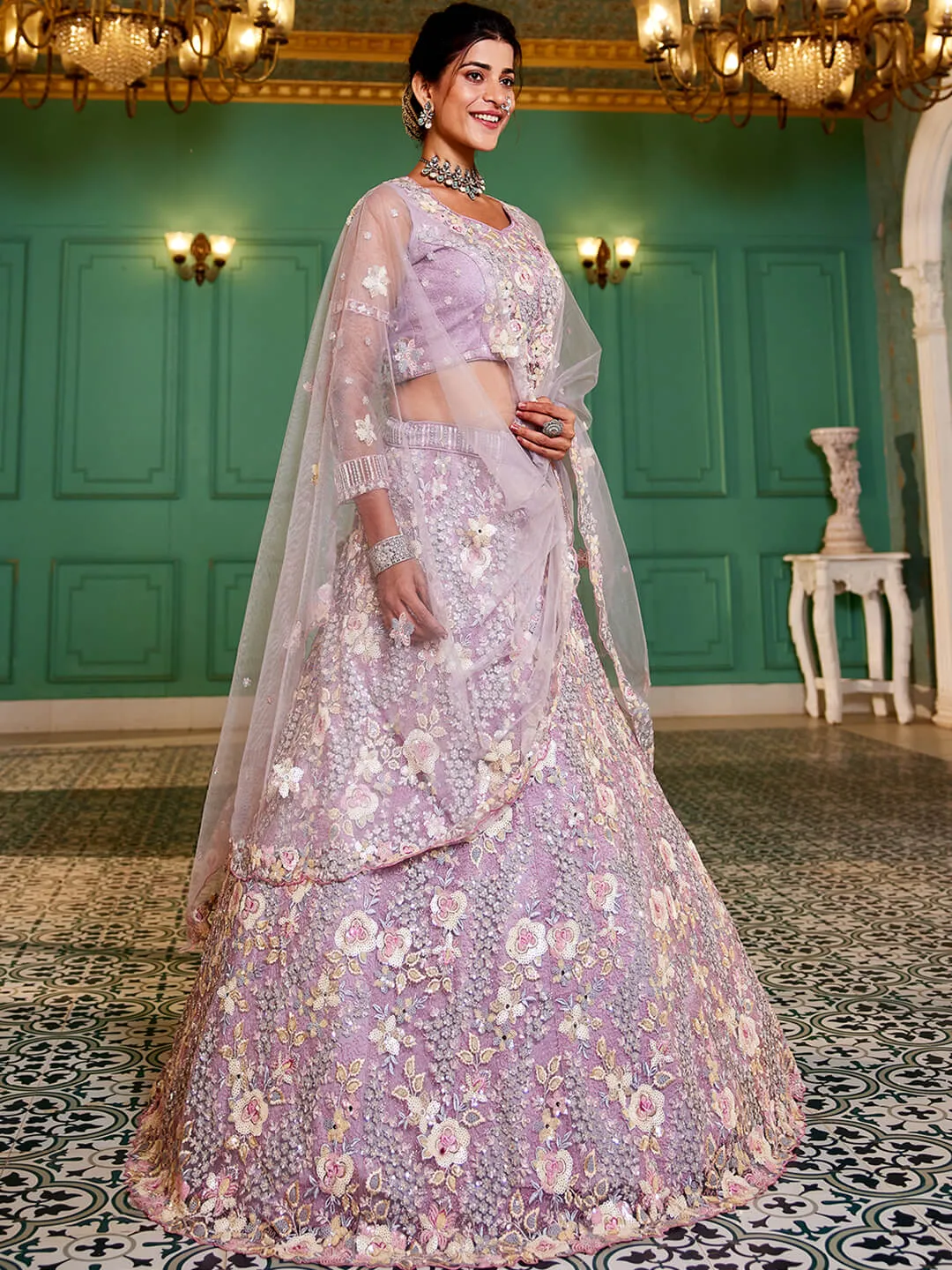 Net with Sequins & Zarkan Embroidery Lehenga, Choli & Dupatta