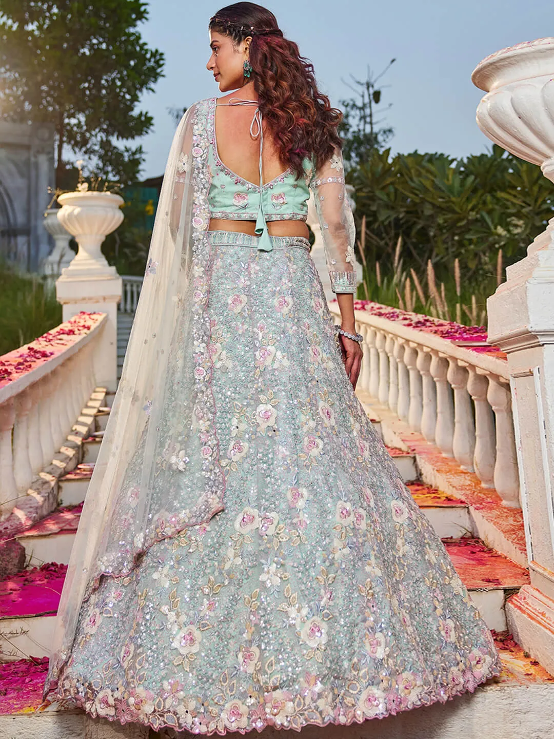 Net with Sequins & Zarkan Embroidery Lehenga, Choli & Dupatta