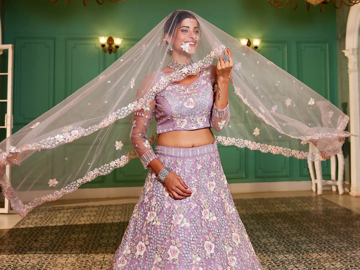 Net with Sequins & Zarkan Embroidery Lehenga, Choli & Dupatta