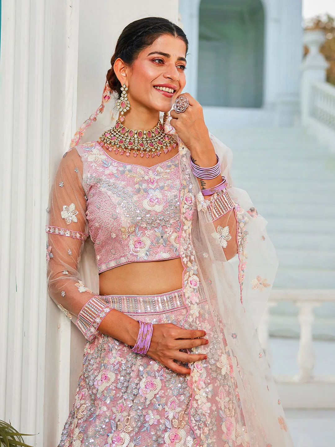 Net with Sequins & Zarkan Embroidery Lehenga, Choli & Dupatta