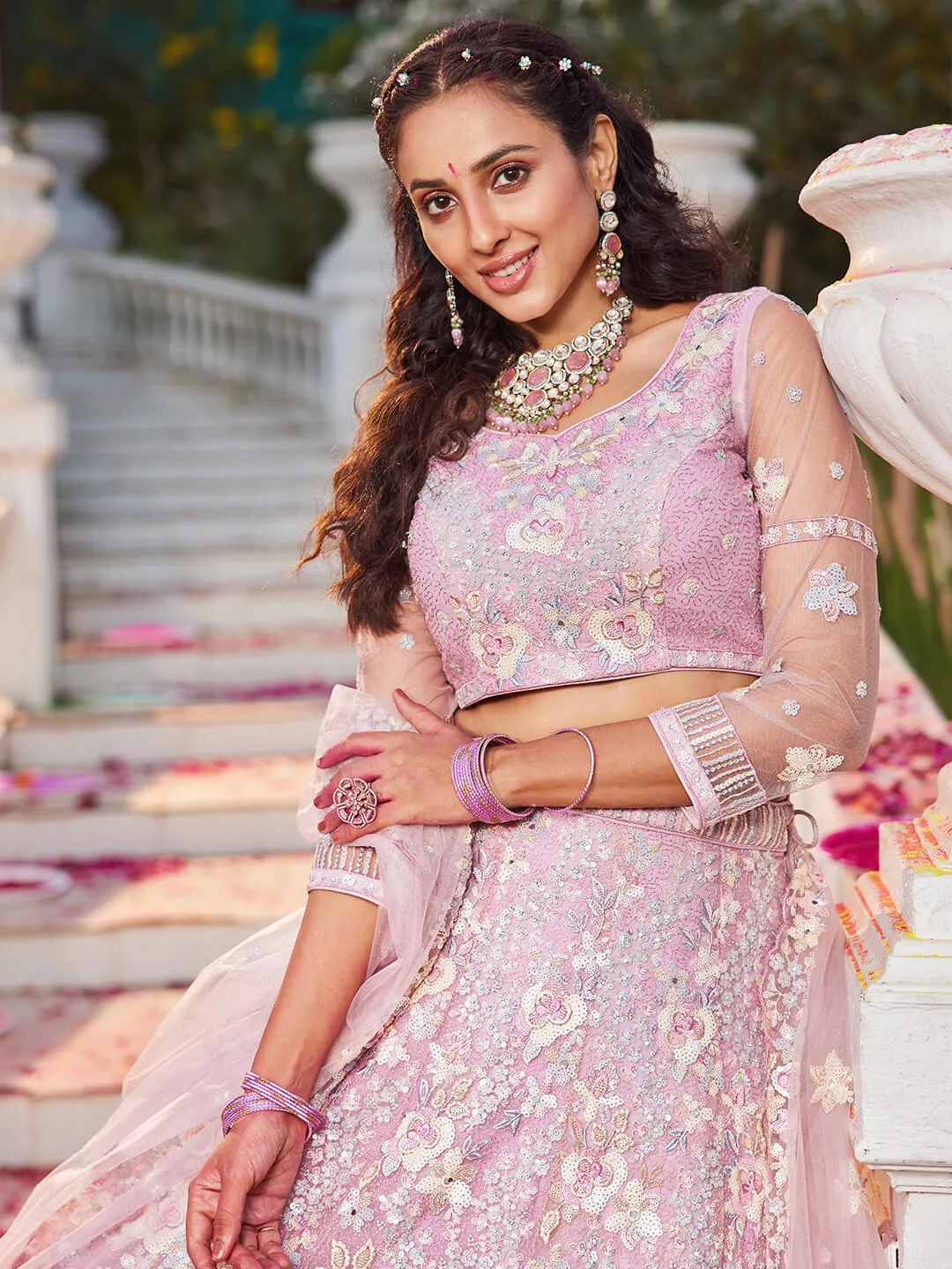 Net with Sequins & Zarkan Embroidery Lehenga, Choli & Dupatta