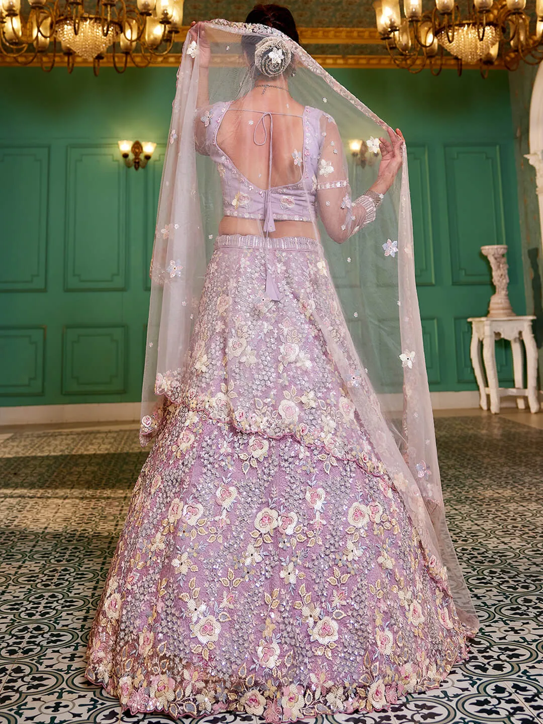 Net with Sequins & Zarkan Embroidery Lehenga, Choli & Dupatta
